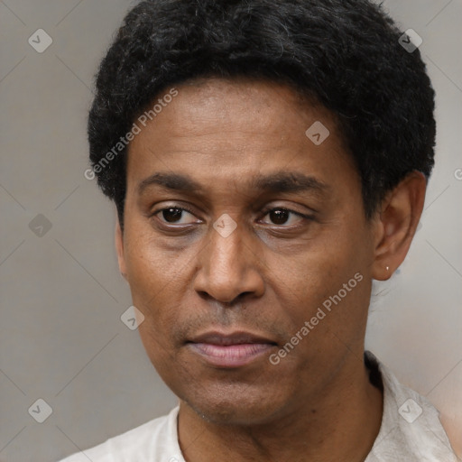 Neutral latino adult male with short  black hair and brown eyes