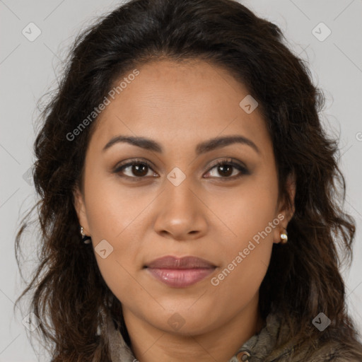 Joyful latino young-adult female with long  brown hair and brown eyes