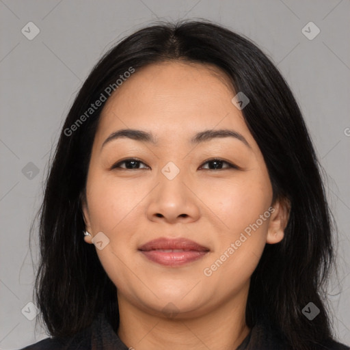 Joyful asian young-adult female with medium  black hair and brown eyes