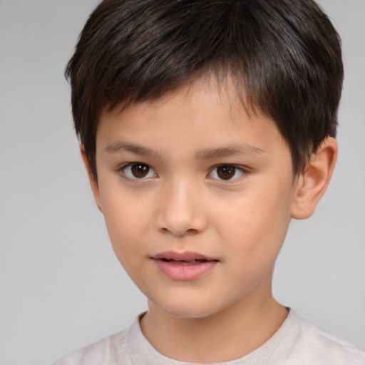 Joyful white child male with short  brown hair and brown eyes