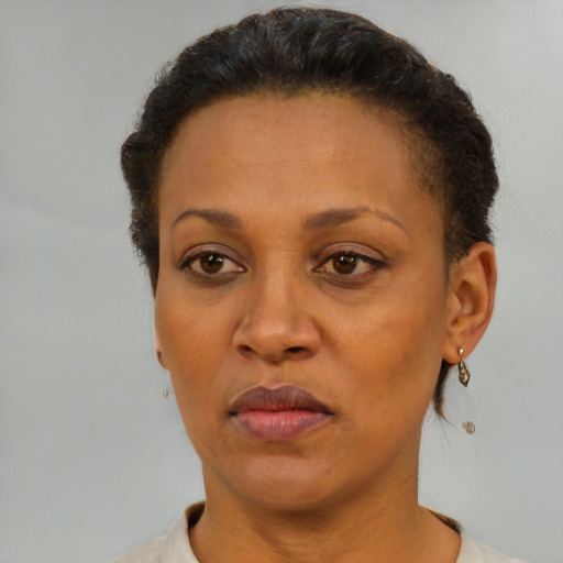 Neutral black adult female with short  brown hair and brown eyes