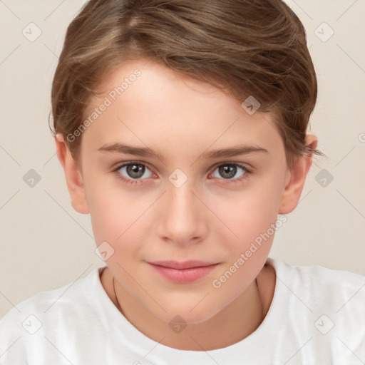 Joyful white child female with short  brown hair and brown eyes