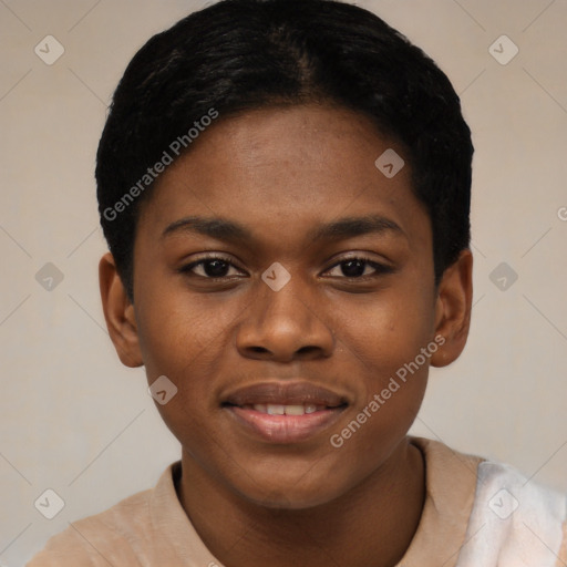 Joyful black young-adult female with short  black hair and brown eyes