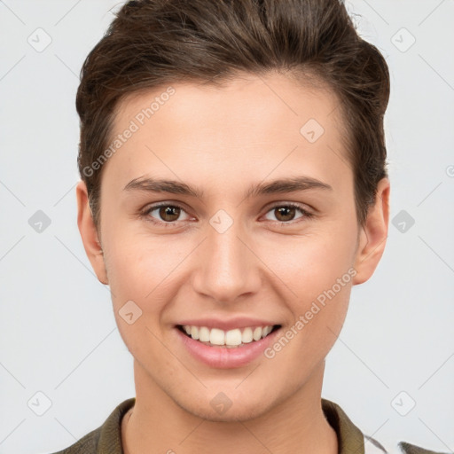 Joyful white young-adult female with short  brown hair and brown eyes