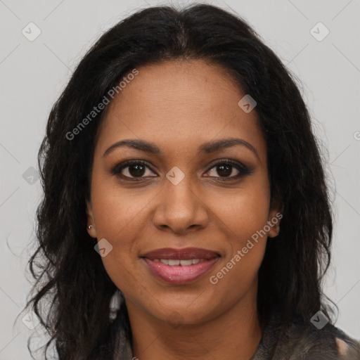 Joyful black young-adult female with long  brown hair and brown eyes