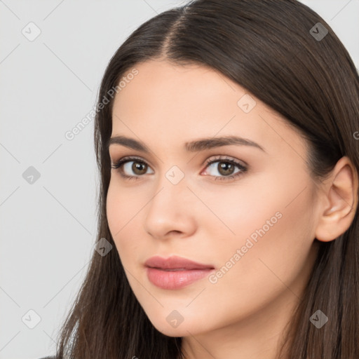 Neutral white young-adult female with long  brown hair and brown eyes