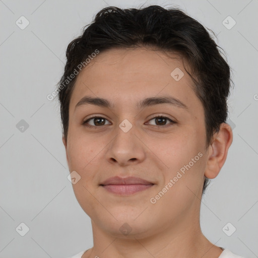 Joyful white young-adult female with short  brown hair and brown eyes