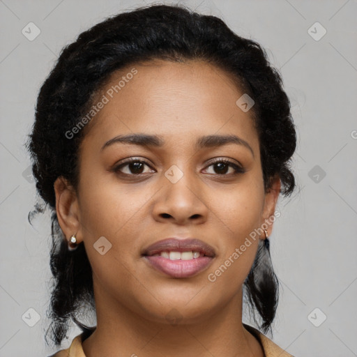 Joyful latino young-adult female with short  black hair and brown eyes