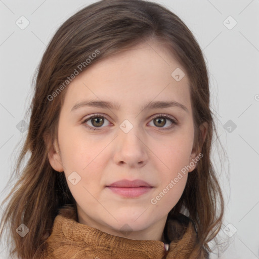 Neutral white young-adult female with medium  brown hair and brown eyes