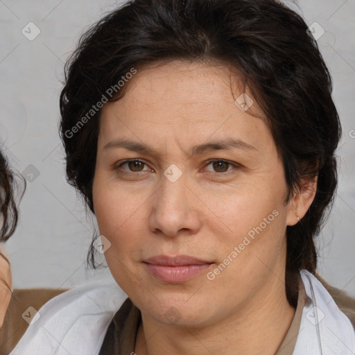 Neutral white adult female with medium  brown hair and brown eyes