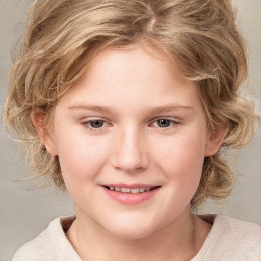 Joyful white child female with medium  brown hair and grey eyes