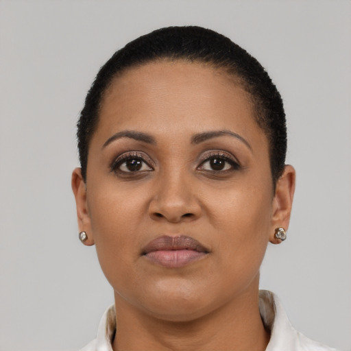 Neutral black young-adult female with short  black hair and brown eyes