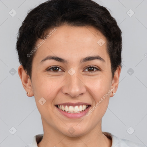 Joyful white young-adult female with short  brown hair and brown eyes