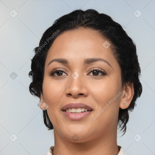 Joyful latino young-adult female with medium  black hair and brown eyes