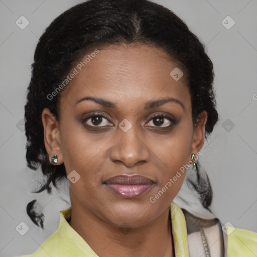 Joyful black young-adult female with medium  brown hair and brown eyes