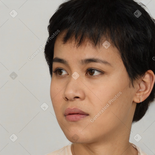 Neutral asian young-adult female with short  black hair and brown eyes