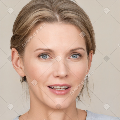 Joyful white young-adult female with medium  brown hair and blue eyes