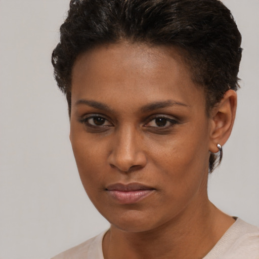 Neutral black young-adult female with short  brown hair and brown eyes