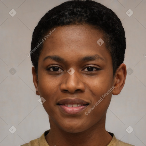 Joyful black young-adult female with short  black hair and brown eyes