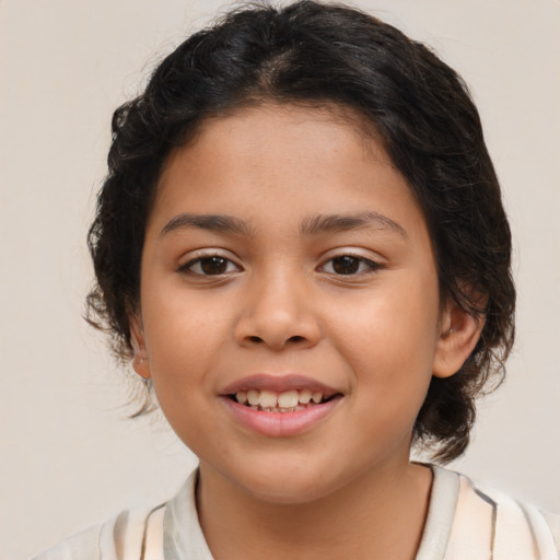 Joyful latino child female with medium  brown hair and brown eyes