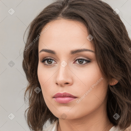 Neutral white young-adult female with medium  brown hair and brown eyes