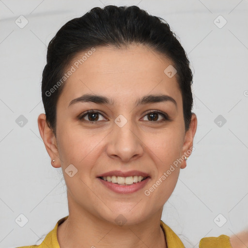 Joyful white young-adult female with short  brown hair and brown eyes