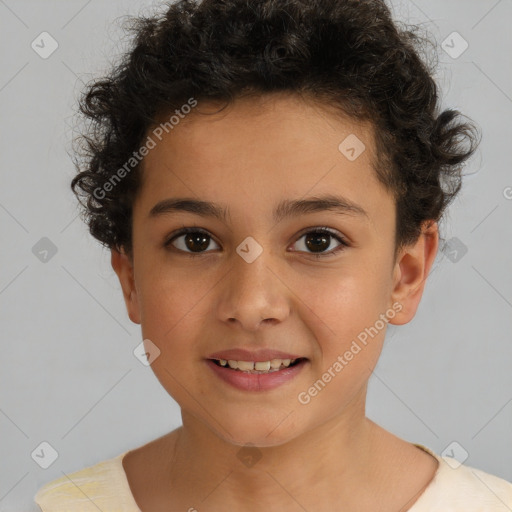 Joyful white child female with short  brown hair and brown eyes