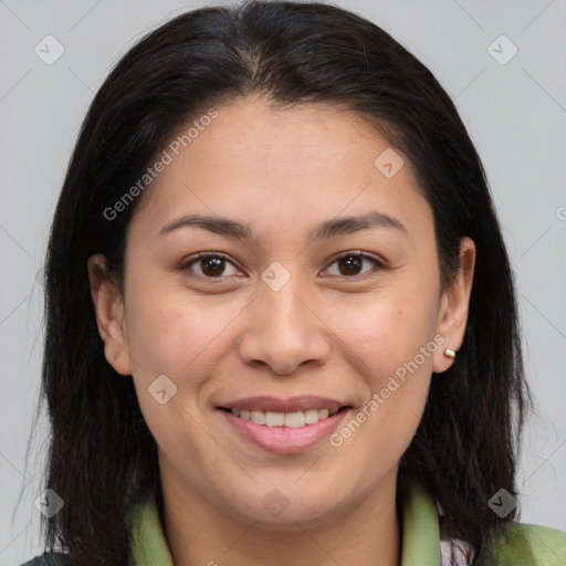 Joyful white young-adult female with medium  brown hair and brown eyes