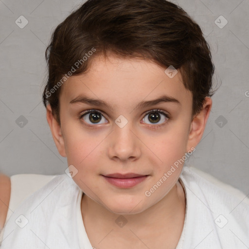 Joyful white child female with medium  brown hair and brown eyes