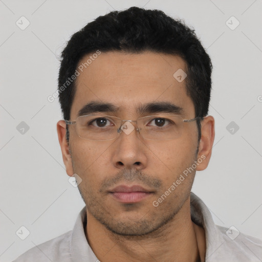 Neutral asian young-adult male with short  black hair and brown eyes