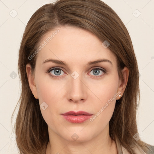 Neutral white young-adult female with long  brown hair and grey eyes