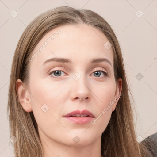 Neutral white young-adult female with long  brown hair and grey eyes