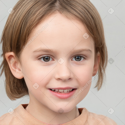 Joyful white child female with medium  brown hair and brown eyes