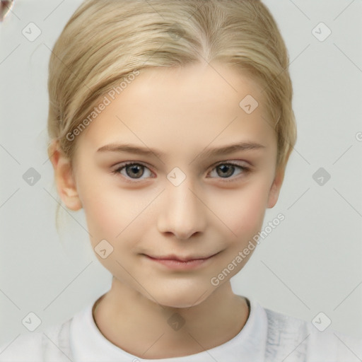 Joyful white child female with short  brown hair and brown eyes