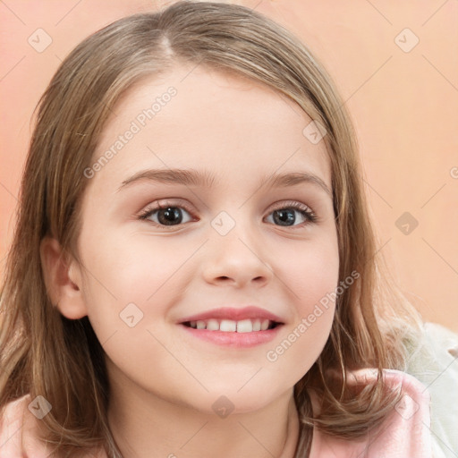 Joyful white child female with medium  brown hair and grey eyes