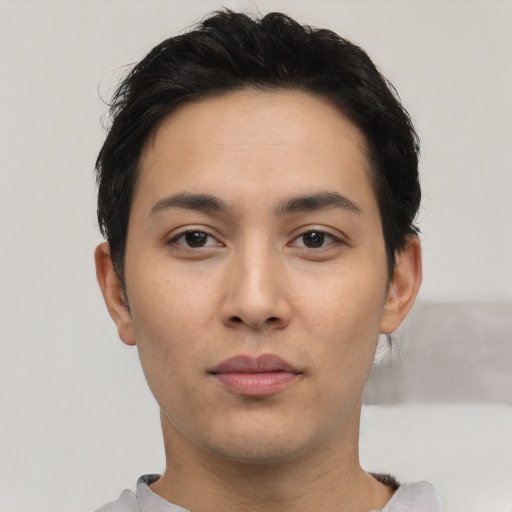 Neutral asian young-adult male with short  black hair and brown eyes