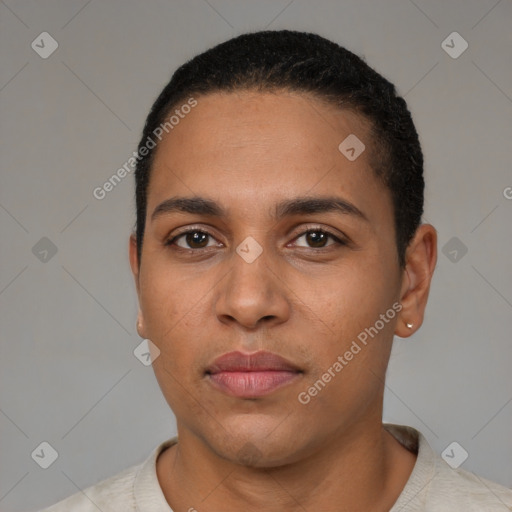 Neutral latino young-adult male with short  black hair and brown eyes