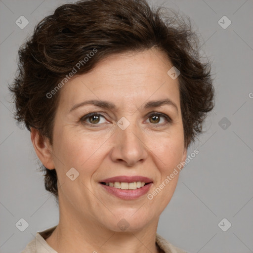 Joyful white adult female with short  brown hair and brown eyes