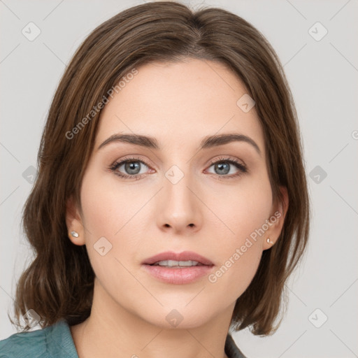 Neutral white young-adult female with medium  brown hair and grey eyes