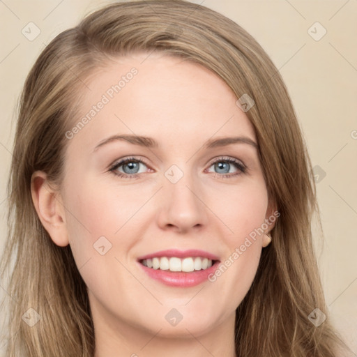 Joyful white young-adult female with long  brown hair and green eyes