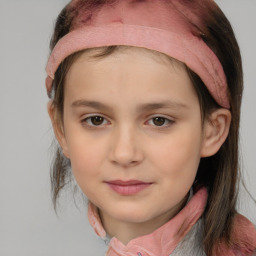 Joyful white child female with medium  brown hair and grey eyes