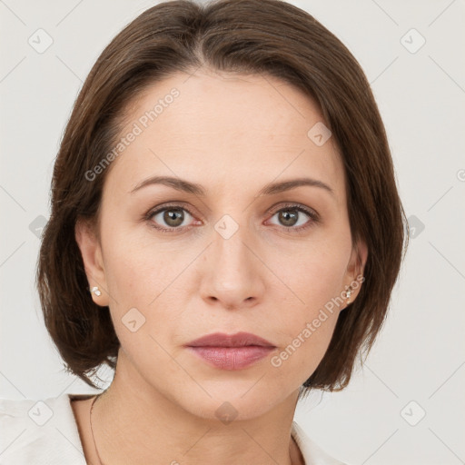 Neutral white young-adult female with medium  brown hair and grey eyes