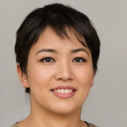 Joyful asian young-adult female with short  brown hair and brown eyes