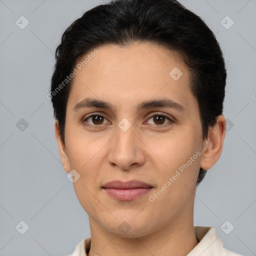 Joyful white young-adult female with short  brown hair and brown eyes