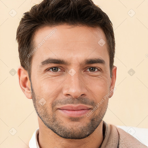 Joyful white young-adult male with short  brown hair and brown eyes