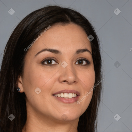 Joyful white young-adult female with long  brown hair and brown eyes