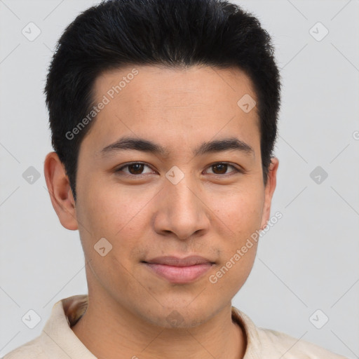 Joyful asian young-adult male with short  brown hair and brown eyes