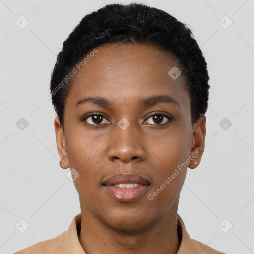 Neutral black young-adult female with short  black hair and brown eyes