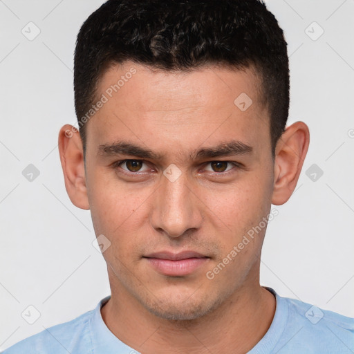 Neutral white young-adult male with short  brown hair and brown eyes