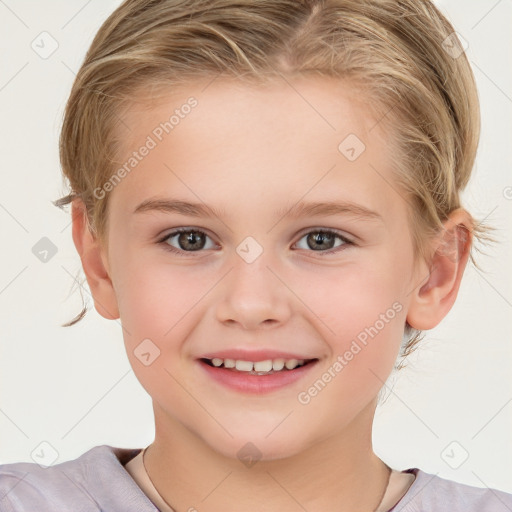 Joyful white child female with short  brown hair and brown eyes